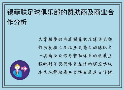 锡菲联足球俱乐部的赞助商及商业合作分析